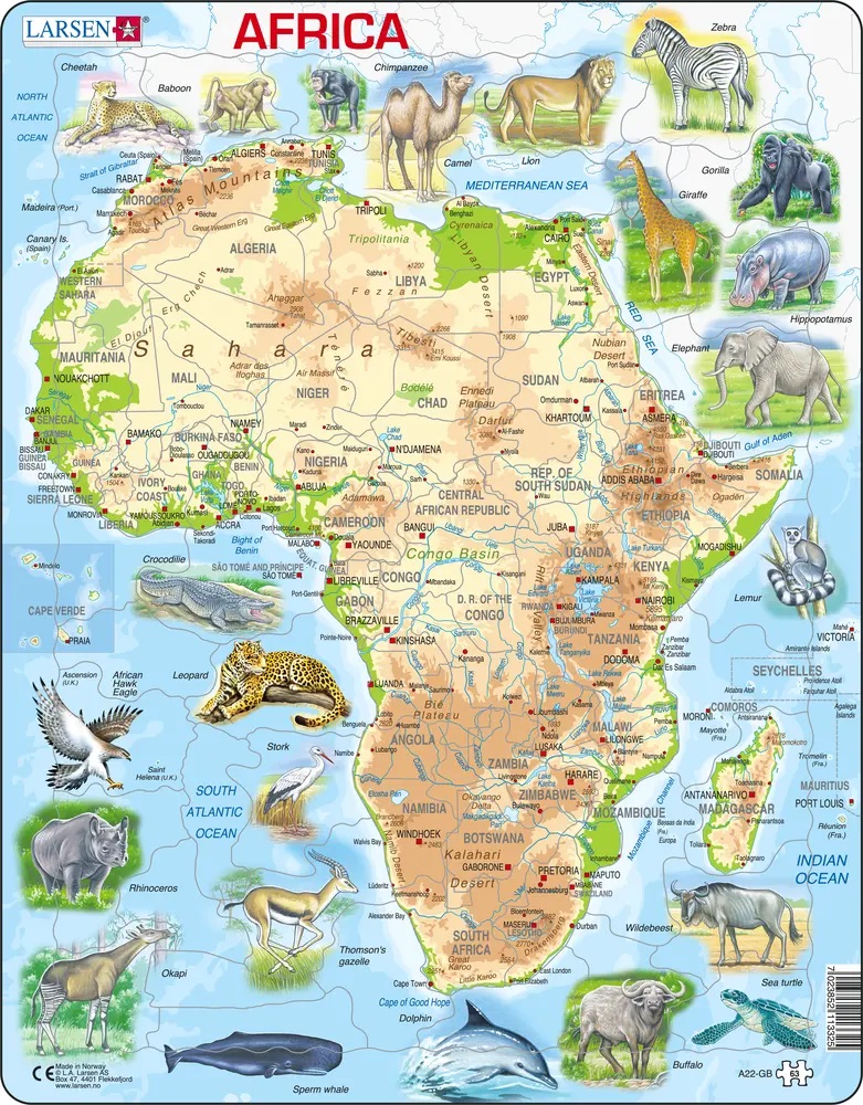 Larsen Puzzle - Africa - fyzická mapa so zvieratami : A22